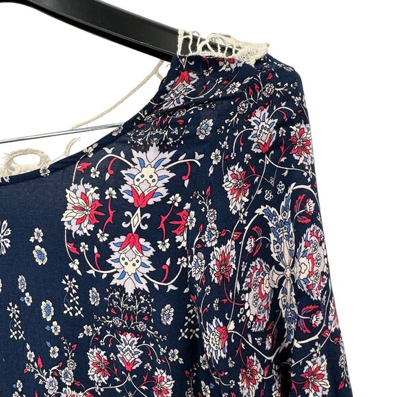 Entro Floral Boho Dress Mini Relaxed Navy Blue Bell Long Sleeve Babydoll Small - Picture 4 of 9